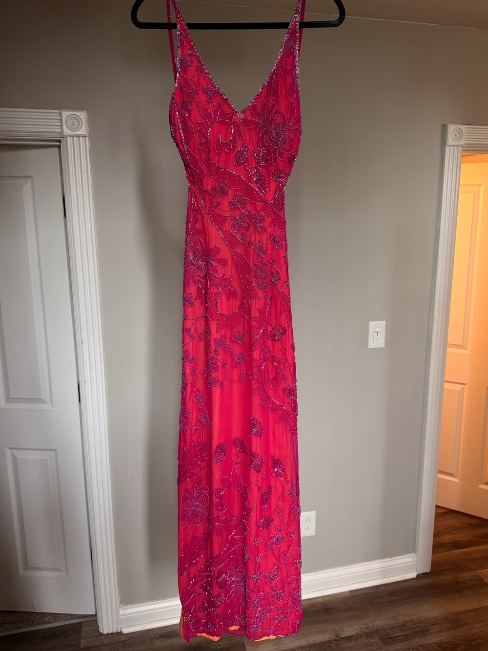 Cache Fuchsia Beaded Maxi Dress with Spaghetti Straps